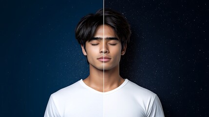 A split-image concept showing one side of a person awake, dealing with allergy symptoms, and the other side showing the same person peacefully asleep after taking medication. The contrast highlights 