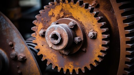 Rusted industrial gear showing intricate teeth and aging, reflecting years of mechanical wear and history.