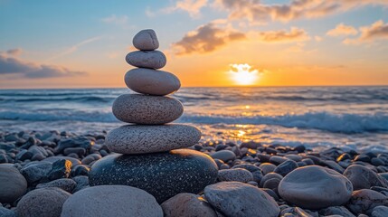 Tranquil wallpaper of zen stone stack on the beach with calm ocean and clear sky backdrop.