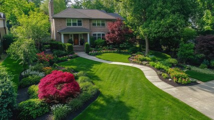 Fototapeta premium Aerial perspective of a spacious front yard with green grass, vibrant flowers, and small shrubs along the pathway.
