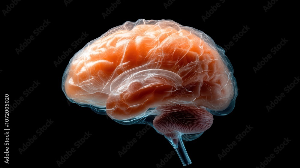 Poster a detailed 3d rendering of a human brain with glowing transparent and intricate structures, illustra