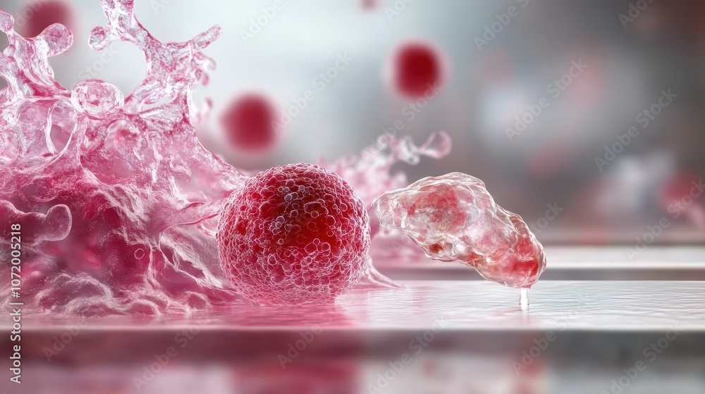 Poster this image shows a vibrant liquid splash dramatically interacting with a textured red sphere, explor