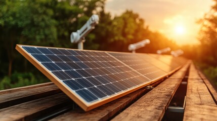 Rows of solar panels are set atop a wooden surface, capturing the golden sunlight, visually representing sustainable energy and innovation in renewable power.