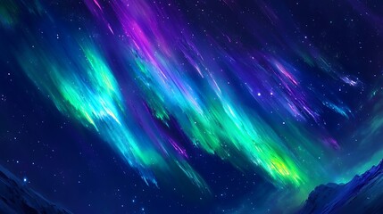 Vibrant green, blue and purple aurora borealis streaks across a dark night sky filled with stars.