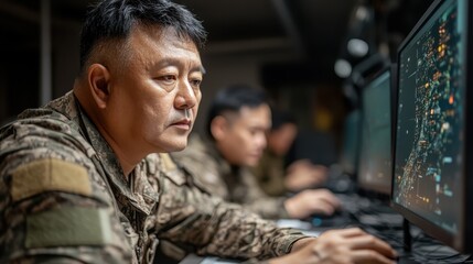 An attentive soldier works on a computer in a modern control center, focused on detailed digital displays, contributing to the crucial operations of the military team.
