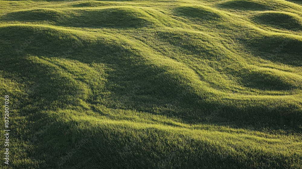 Poster aerial view of a large grass field with distinct patterns from recent mowing and soft light shadows.