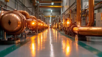 Naklejka premium A row of intricate industrial machinery illuminated by orange lights, reflecting on a polished floor, suggesting innovation and modern industry progress.