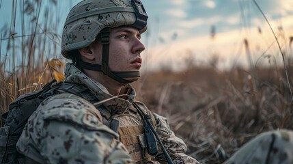 Fototapeta premium A pensive soldier sits on the ground in a contemplative mood