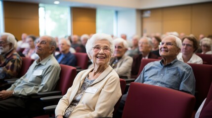 An attentive audience of seniors seated in a spacious and lit room, their faces reflecting interest and engagement during a communal gathering.
