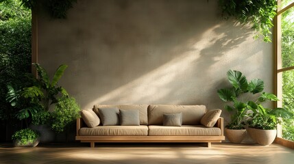 This tranquil living room features a comfortable wooden sofa adorned with beige cushions, surrounded by lush greenery illuminated by soft, natural sunlight streaming through windows.