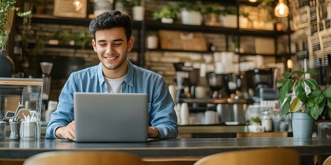 Obraz premium Smiling Man Working on Laptop in Cafe