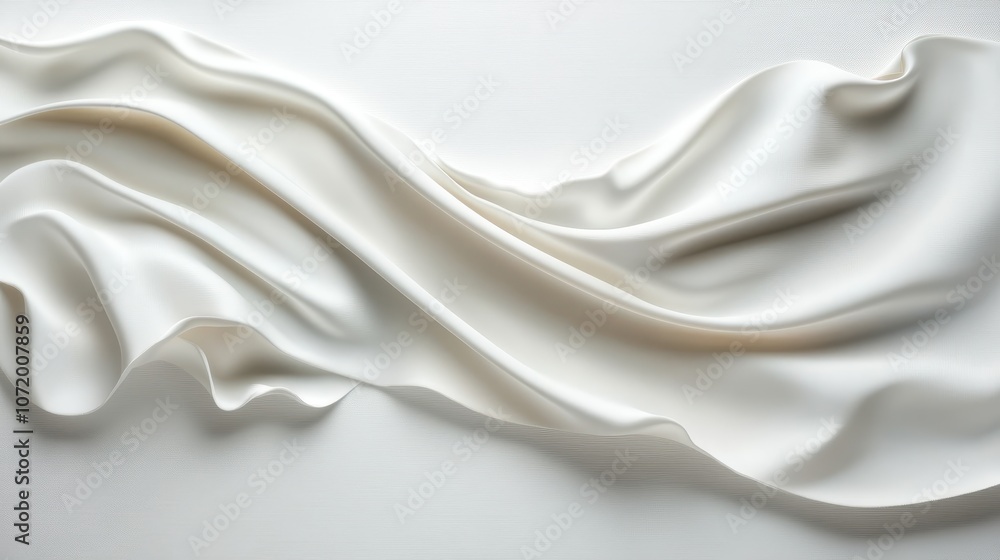 Poster white fabric with a smooth texture is draped to form gentle, flowing curves and waves, emphasizing g