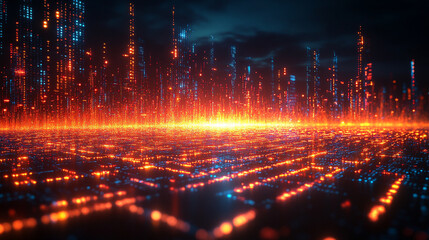 digital background with abstract code symbols, representing advanced technology, innovation, and the intersection of the digital world and human progress. It evokes themes of modernity and complexity