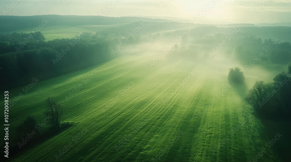 Poster aerial view of a vast field of green grass under soft sunlight, creating a peaceful and serene scene