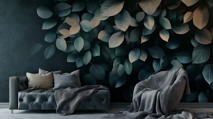 Obraz premium A dark living room with a couch and armchair in front of a wall decorated with a botanical wallpaper.