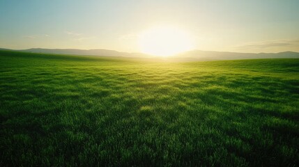 Fototapeta premium Aerial view of a vast field of green grass under soft sunlight, creating a peaceful and serene scene.