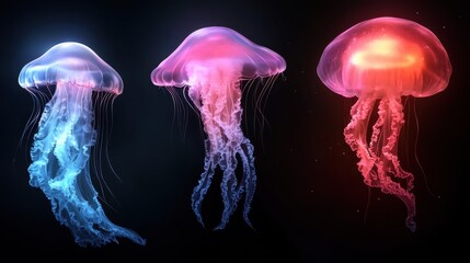 Three vibrant jellyfish float serenely in the ocean, their luminous colors radiating through the water, creating a striking and ethereal underwater spectacle.