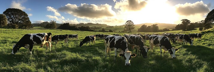 A herd of black and white cows graze on a lush green field with a bright sunset behind them.