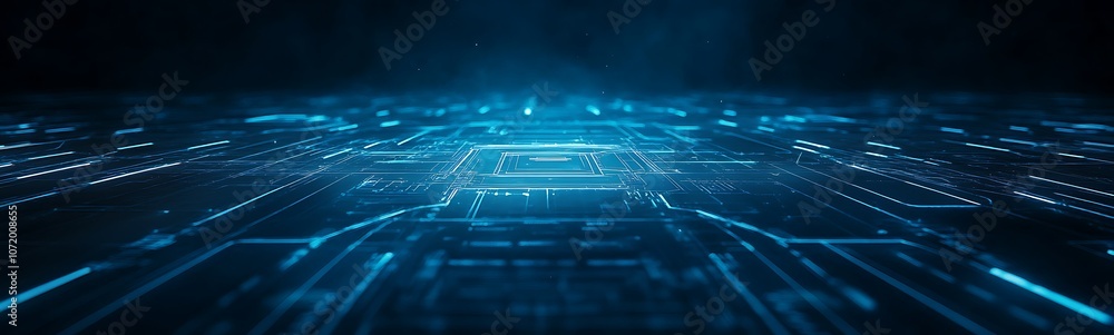 Poster description:** a digital landscape featuring glowing blue lines and circuits, evoking a futuristic a