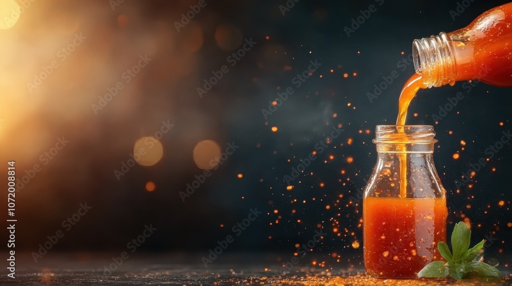 Poster energetic orange juice is dynamically being poured, creating a vivid splash and colorful spectacle, 