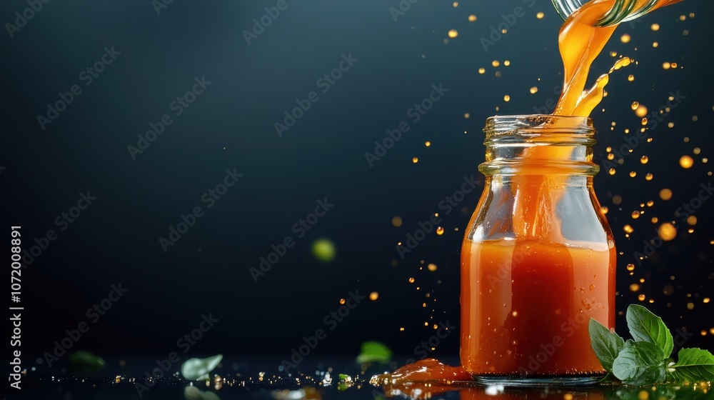 Poster an energetic image displaying orange liquid splashing into a glass jar, with mint leaves scattered a
