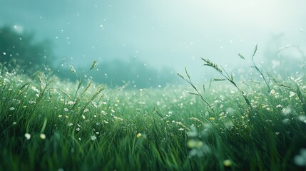 Obraz premium Close-up of grass blades in a wide field, gently bending under a light breeze, with a soft blur of wildflowers.