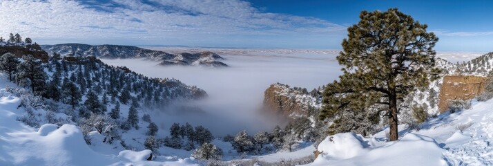 A snowy mountain landscape with a single tree standing tall against a backdrop of fog and blue sky.