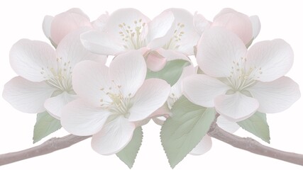 Fototapeta premium Close up view of white and pink apple tree flowers with green leaves on a branch against a plain background with space for adding text or other elements copy space image