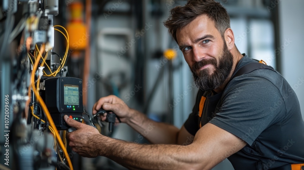 Poster an engineer interacts with a digital control panel attached to a machine, showcasing the integration