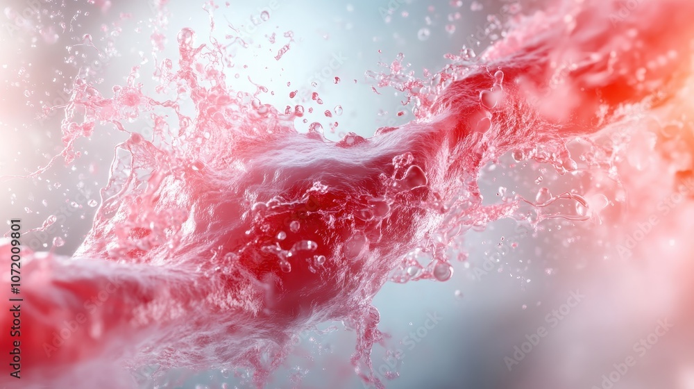 Poster vibrant red elements dynamically splash and twist through a liquid space, evoking movement and fluid