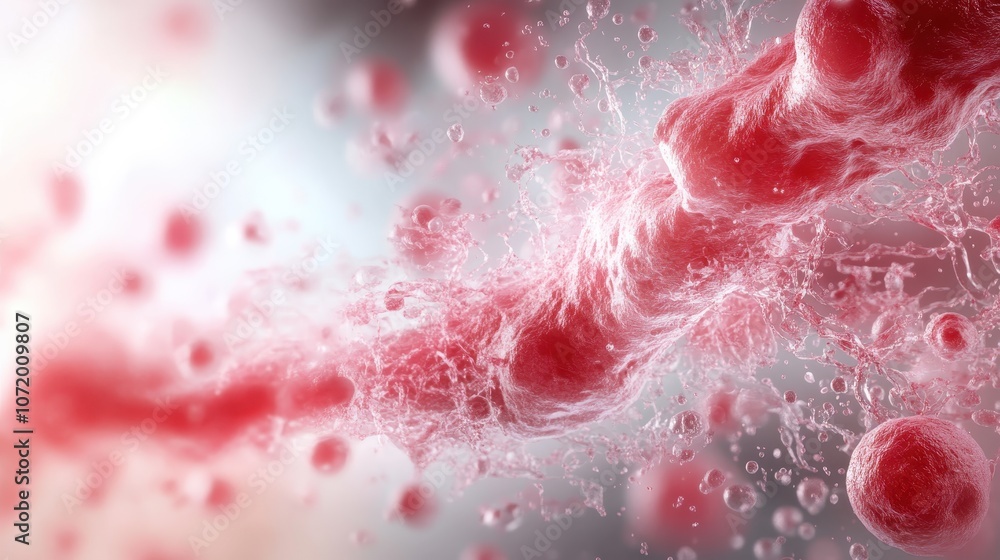 Poster lively red cell-like structures drift amidst flowing liquid streams, creating a mesmerizing abstract