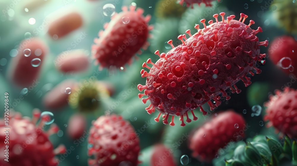 Poster a close-up view of virus particles in a microscopic environment.