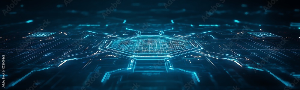 Fototapete a futuristic, digital landscape featuring a network of glowing blue lines and dots, representing adv