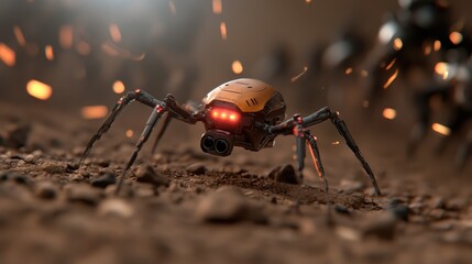 A robotic spider with glowing red eyes is crawling through the dirt, showcasing an intriguing mix of artificial intelligence and lifelike movement technology.