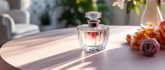 Crystal perfume bottle glistens in sunlight, surrounded by delicate flowers on a softly lit table in a serene interior ambiance.