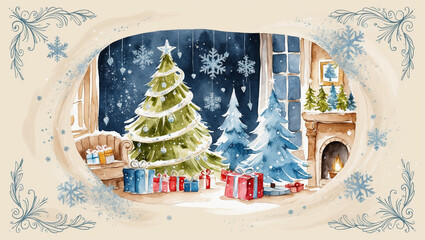 Whimsical Winter Wonderland Postcard: Cozy Christmas Magic in a Snowy Forest