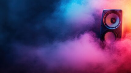 An isolated speaker enveloped in a dynamic swirl of colorful mist, representing the dynamic impact...