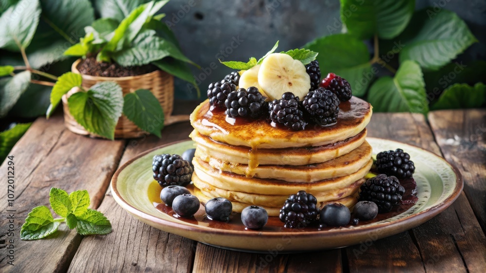 Aufkleber A stack of fluffy pancakes drizzled with syrup and topped with fresh berries and banana slices, resting on a rustic wooden table.