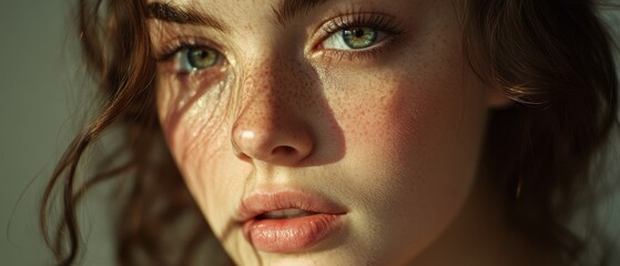 A close-up portrait reveals a woman's face with freckles and captivating green eyes, illuminated by warm, natural light.