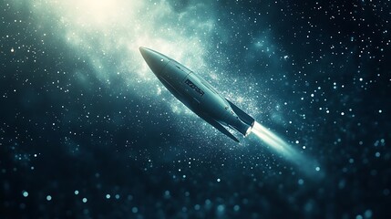 Fototapeta premium A silver spaceship blasts off into a starry sky with a trail of smoke.