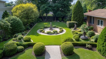 Obraz premium High-angle view of a front lawn with symmetrical landscaping, featuring manicured bushes and garden sculptures.