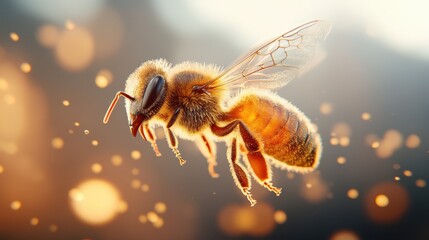 Naklejka premium A honeybee soars through the air, surrounded by glowing golden specks, symbolizing the vibrancy and industriousness of nature amidst a luminescent atmosphere.