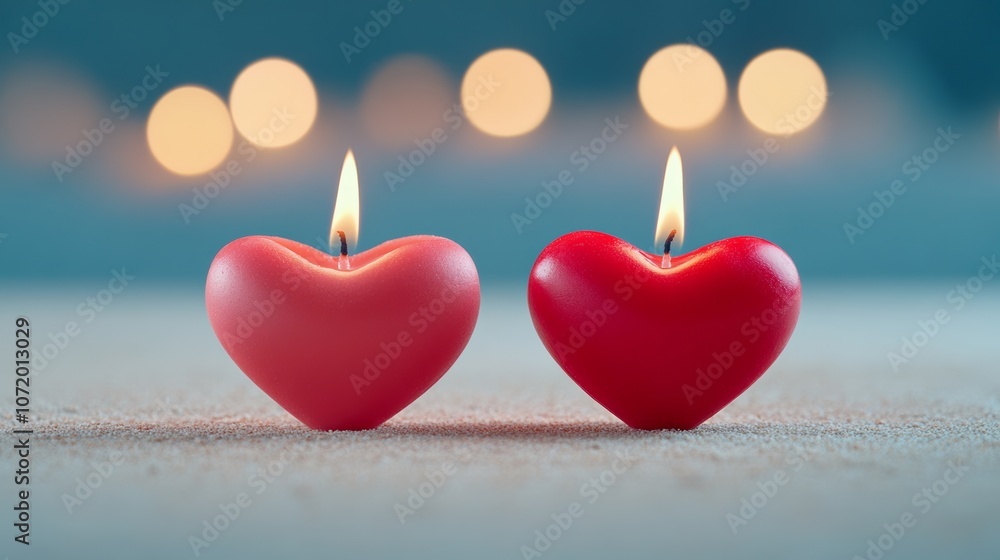 Poster two red candles with a heart shape on top of them. the candles are lit and are placed on a table