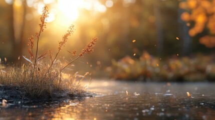 Fototapeta premium With golden autumn sunrays, dry wildflowers by water create a harmonious scene, embodying warmth, introspection, and the passage of time in nature's cycle.