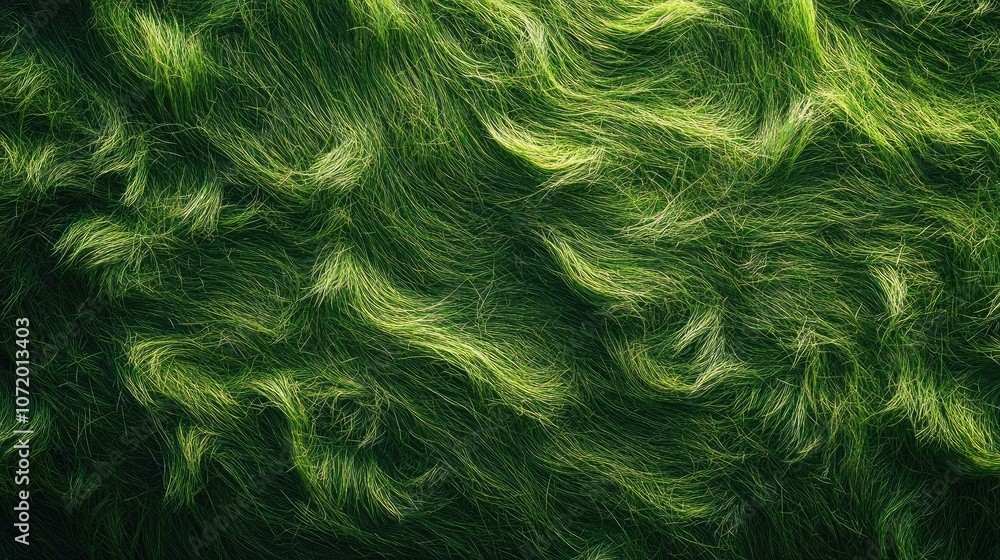 Poster high-angle view of a green grass field with subtle lines and patterns created by the wind.