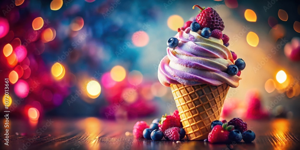 Aufkleber a swirl of frozen delight, topped with a bounty of fresh berries, resting on a wooden surface with a