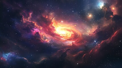 Obraz premium A swirling nebula with bright stars and colorful gas clouds in the vast expanse of space.