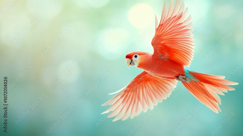 Poster red parrot is flying in the sky. the bird is the main focus of the image, and it is enjoying its fli