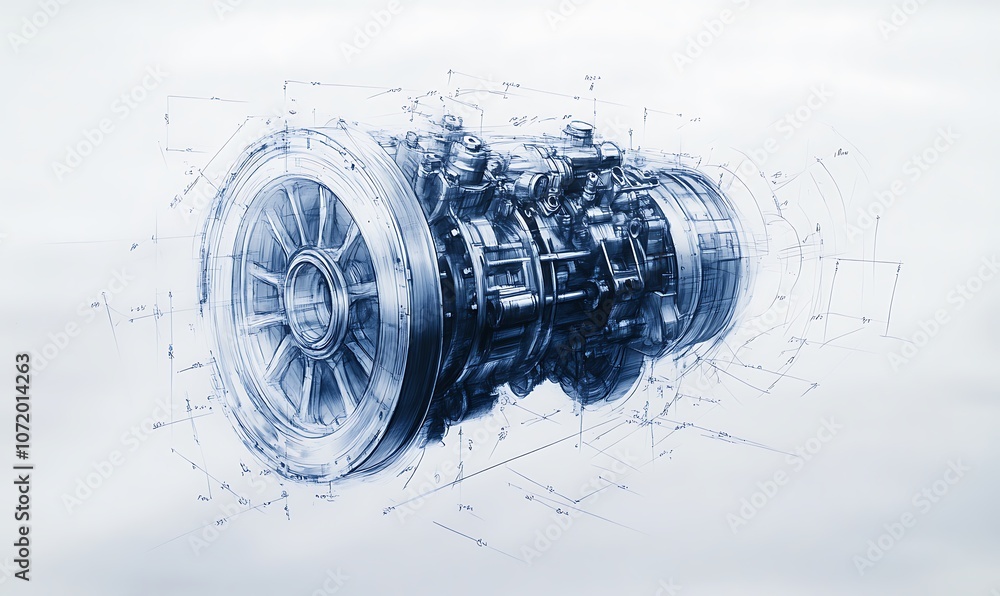 Poster a dynamic illustration of a complex engine, showcasing intricate details and a modern design, repres