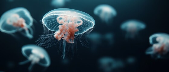 Fototapeta premium Ethereal jellyfish float gracefully in the deep ocean, their translucent bodies gracefully illuminated against a mysterious blue backdrop.